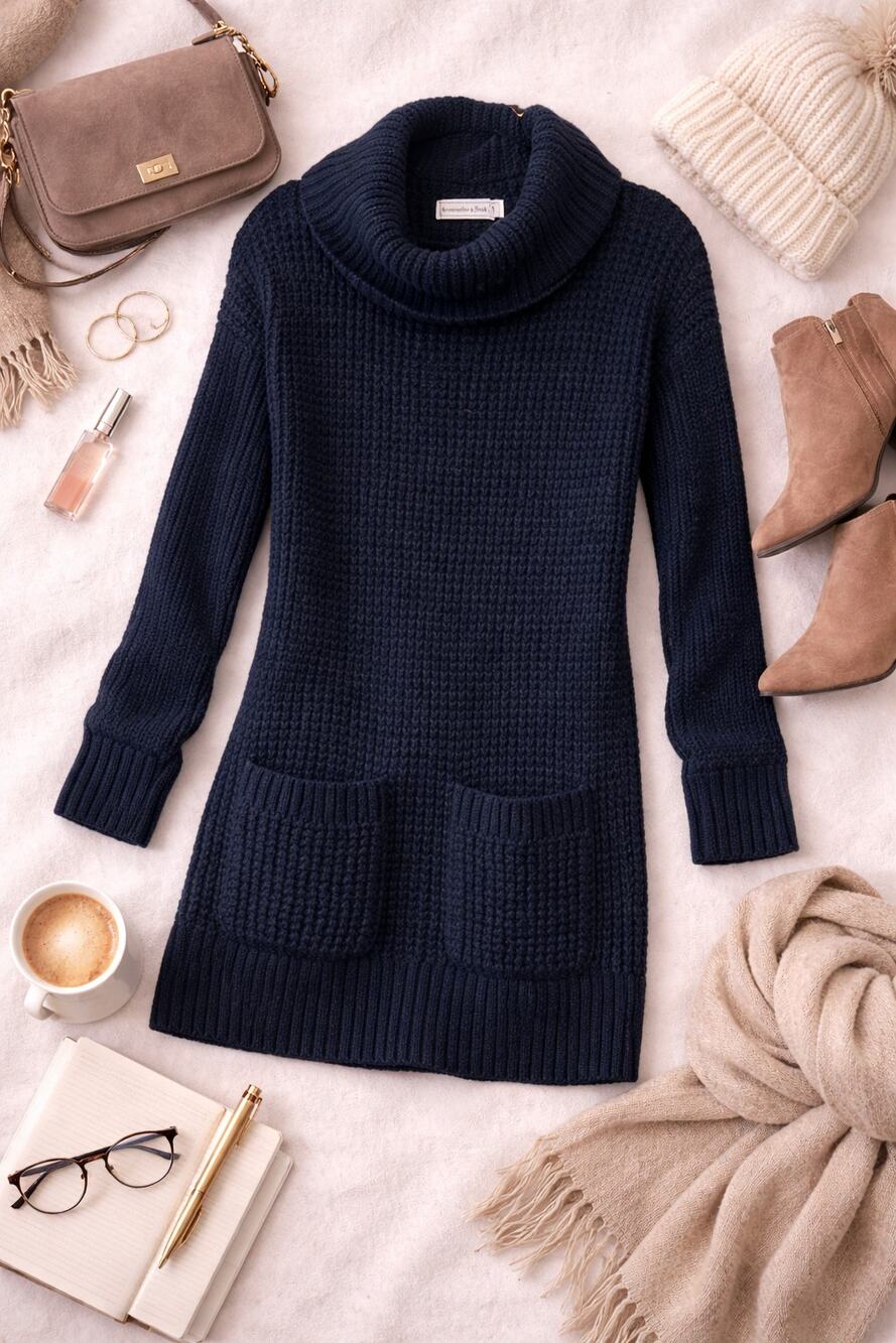 Abercrombie & Fitch Women's Waffle Knit Turtleneck Sweater Dress Black Size XS